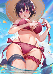 Rule 34 | 1girl, amahara subaru, bare shoulders, bikini, black hair, blue sky, blush, breasts, commentary request, copyright notice, day, ear piercing, from below, hair ornament, hairclip, hat, large breasts, looking at viewer, looking down, melonbooks, multicolored hair, navel, open mouth, original, outdoors, piercing, pointy ears, purple eyes, red bikini, red hair, short hair, sky, solo, stomach, straw hat, streaked hair, swimsuit, tentacles, thigh strap, water