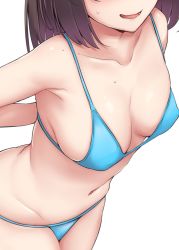 Rule 34 | 1girl, akizuki (kancolle), arms behind back, bikini, black hair, blue bikini, blush, breasts, head out of frame, highres, kantai collection, kiritto, long hair, medium breasts, open mouth, ponytail, simple background, solo, sweat, swimsuit, white background