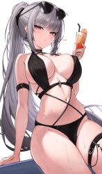 Rule 34 | 1girl, absurdres, bikini, black bikini, black survival, breasts, closed mouth, commentary, covered erect nipples, cup, dasi (kwts3227), drinking glass, earrings, eternal return: black survival, eyewear on head, grey eyes, grey hair, haze (black survival), highres, holding, holding cup, jewelry, large breasts, long hair, looking at viewer, navel, ponytail, red pupils, simple background, sitting, solo, sunglasses, swimsuit, thigh strap, thighs, wet, white background