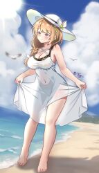 Rule 34 | 1girl, absurdres, alternate costume, barefoot, beach, braid, brown eyes, brown hair, closed mouth, cloud, covered navel, fire emblem, fire emblem engage, full body, goldmary (fire emblem), hair ornament, hair ribbon, hat, highres, looking to the side, nintendo, ocean, ribbon, sand, see-through, side braid, sky, solo, sun hat, swimsuit, tamaki (tamaki-sh)
