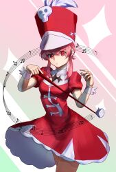 Rule 34 | 1girl, absurdres, alternate color, breasts, cowboy shot, dress, grey background, hat feather, hat ornament, highres, holding, jakuzure nonon, kill la kill, looking at viewer, medium hair, muhae (dcnh8882), musical note, necktie, pink hair, puffy short sleeves, puffy sleeves, red dress, red eyes, red headwear, short sleeves, sidelocks, skull hat ornament, small breasts, solo, two-tone background, white dress, white necktie