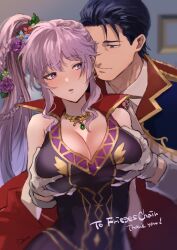 Rule 34 | 1boy, 1girl, absurdres, blush, breasts, cleavage, collarbone, commission, commissioner upload, cosplay, couple, fire emblem, fire emblem: genealogy of the holy war, fire emblem heroes, flower, gloves, grabbing, grabbing another&#039;s breast, hair flower, hair ornament, hetero, highres, ishtar (fire emblem), ishtar (fire emblem) (echoing thunder), jewelry, large breasts, necklace, nintendo, non-web source, official alternate costume, onohito, purple eyes, purple hair, reinhardt (fire emblem), reinhardt (thrud reborn) (fire emblem), watermark