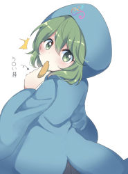 Rule 34 | 1other, androgynous, biting, blue hoodie, commentary request, green eyes, green hair, hair between eyes, highres, holding, hood, hood up, hoodie, len&#039;en, long sleeves, looking back, medium hair, ougi hina, shitodo aoji, simple background, translation request, white background