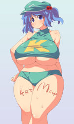 Rule 34 | 1girl, animal ears, bare shoulders, blue eyes, blue hair, body writing, breasts, female focus, hair bobbles, hair ornament, hat, huge breasts, kawashiro nitori, matching hair/eyes, navel, plump, rabbit ears, short hair, shorts, simple background, solo, standing, thick thighs, thighs, touhou, uccow, underboob, wide hips