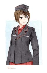 Rule 34 | 1girl, artist name, black hat, black jacket, brown eyes, brown hair, commentary, cropped torso, dated, dress shirt, garrison cap, girls und panzer, hat, horikou, insignia, jacket, kuromorimine military uniform, long sleeves, looking to the side, military, military hat, military uniform, nishizumi maho, one-hour drawing challenge, open mouth, outside border, painting (medium), pleated skirt, red shirt, red skirt, shirt, short hair, signature, skirt, solo, traditional media, uniform, upper body, watercolor (medium), wing collar