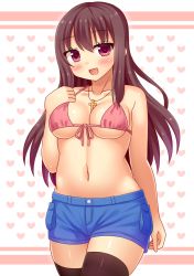 Rule 34 | 1girl, :d, bad id, bad pixiv id, bikini, bikini top only, black hair, black thighhighs, blush, breasts, brown hair, cross, cross necklace, denim, denim shorts, front-tie top, heart, heart background, jewelry, navel, necklace, neri sachiko, open mouth, original, pink bikini, purple eyes, red eyes, shorts, smile, solo, swimsuit, thighhighs, underboob