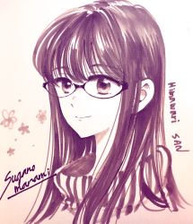 Rule 34 | 1girl, artist name, character name, closed mouth, commentary request, copyright name, flower, glasses, himawari-san, himawari-san (character), long hair, looking at viewer, monochrome, portrait, smile, solo, sugano manami, sweater, turtleneck, turtleneck sweater