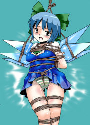 Rule 34 | 1girl, arms behind back, bdsm, blue eyes, blue hair, blush, bondage, bound, bound arms, bound wings, bound wrists, bow, cirno, crotch rope, hair bow, ice, ice wings, lilish, open mouth, panties, shibari, shibari over clothes, solo, striped clothes, striped panties, touhou, underwear, wings
