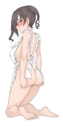 Rule 34 | 1girl, absurdres, anus, apron, ass, bare legs, barefoot, black hair, blush, breasts, completely nude, earrings, heart, heart-shaped pupils, highres, idolmaster, idolmaster cinderella girls, jewelry, long hair, medium breasts, naked apron, nude, profile, sideboob, simple background, soles, solo, spread anus, stud earrings, sunazuka akira, sweatdrop, symbol-shaped pupils, toes, twintails, underboob, wasabijoyu76, wavy hair, white background
