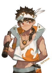 Rule 34 | 1boy, :/, abs, armband, belt buckle, bottle, brown hair, buckle, commentary, dark-skinned male, dark skin, english commentary, expressionless, hat, hat feather, high collar, highres, holding, holding telescope, jewelry, looking up, male focus, ming feng (disx sleep), mixed-language commentary, necklace, orange gemstone, orange shirt, original, pectoral cleavage, pectorals, pirate, pirate hat, ponytail, red eyes, shirt, sidepec, simple background, sleeveless, solo, spiked hair, telescope, thick eyebrows, toned, toned male, twitter username, two-tone shirt, white background, white shirt