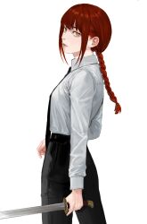 Rule 34 | 1girl, black necktie, black pants, braid, braided ponytail, chainsaw man, collared shirt, highres, holding, holding sword, holding weapon, kamo (kamonegioisi), katana, looking at viewer, looking back, makima (chainsaw man), medium hair, necktie, pants, red hair, ringed eyes, shirt, shirt tucked in, sidelocks, simple background, solo, sword, weapon, white background, white shirt, yellow eyes