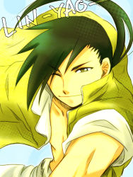 Rule 34 | 00s, 1boy, black hair, fullmetal alchemist, ling yao, lm2-3, male focus, ponytail, topless male, smile, solo, wink