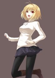 Rule 34 | 00s, 1girl, :d, alternate costume, antenna hair, arcueid brunestud, black pantyhose, blonde hair, breasts, highres, jewelry, kauto, large breasts, miniskirt, necklace, open mouth, pantyhose, red eyes, short hair, skirt, smile, solo, sweater, tsukihime, tsukihime (remake), turtleneck