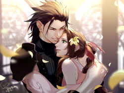 Rule 34 | 1boy, 1girl, aerith gainsborough, armor, bare shoulders, black gloves, black hair, blurry, blurry background, braid, braided ponytail, brown hair, church, closed eyes, commentary, couple, crisis core final fantasy vii, dated, dress, falling petals, final fantasy, final fantasy vii, flower, gloves, hair flower, hair ornament, hair pulled back, hair ribbon, hand on another&#039;s arm, heads together, height difference, hug, indoors, long hair, looking at another, one eye closed, parted bangs, parted lips, petals, pink dress, pink ribbon, ribbed sweater, ribbon, shoulder armor, signature, sleeveless, sleeveless dress, sleeveless turtleneck, smile, spiked hair, stained glass, sweater, tang xinzi, turtleneck, turtleneck sweater, upper body, yellow flower, zack fair