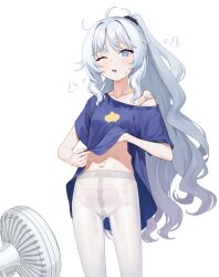 Rule 34 | + +, 1girl, absurdres, ahoge, azur lane, black scrunchie, blue eyes, blue shirt, blunt bangs, blush, bow, bow panties, bra strap, collarbone, commentary, controlline3, cowboy shot, drooling, electric fan, fanning crotch, floral print, hair ornament, hair scrunchie, highres, le malin (azur lane), long hair, long shirt, looking at viewer, loose clothes, loose shirt, messy hair, midriff, mouth drool, navel, no pants, one eye closed, panties, panties under pantyhose, pantyhose, parted lips, ponytail, print panties, scrunchie, shirt, short sleeves, simple background, single bare shoulder, solo, standing, straight-on, strap slip, sweat, symbol-only commentary, underwear, very long hair, white background, white hair, white pantyhose
