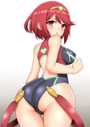 Rule 34 | 1girl, ass, bare arms, bare shoulders, black one-piece swimsuit, blush, breasts, casual one-piece swimsuit, commentary request, competition swimsuit, covered erect nipples, gradient background, grey background, headgear, heart, huge ass, large breasts, looking at viewer, looking back, nintendo, one-piece swimsuit, parted lips, pyra (pro swimmer) (xenoblade), pyra (xenoblade), red eyes, red hair, short hair, solo, standing, swimsuit, toshishikisai, white background, xenoblade chronicles (series), xenoblade chronicles 2