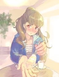 Rule 34 | 1girl, blue jacket, blunt bangs, blush, breasts, brown hair, cake, ceiling light, coffee cup, collarbone, cup, disposable cup, dot nose, feeding, food, fork, hair bun, highres, holding, holding fork, idolmaster, idolmaster cinderella girls, idolmaster cinderella girls starlight stage, indoors, jacket, kamiya nao, kyoshincats, long hair, long sleeves, looking at viewer, medium breasts, open clothes, open jacket, open mouth, plant, potted plant, pov, reaching, reaching towards viewer, red eyes, shirt, shy, single hair bun, solo, striped clothes, striped shirt, table, thick eyebrows, tray, white shirt, window