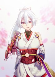 Rule 34 | 1girl, absurdres, armor, asymmetrical sleeves, black undershirt, cherry blossoms, detached sleeves, fate/grand order, fate (series), hair between eyes, highres, holding, japanese armor, japanese clothes, kimono, long hair, mitsudomoe (shape), mkon, obi, petals, ponytail, red eyes, sash, scabbard, sheath, shoulder armor, silver hair, single detached sleeve, slit pupils, sode, solo, tomoe (symbol), tomoe gozen (fate), turtleneck, uneven sleeves, white kimono