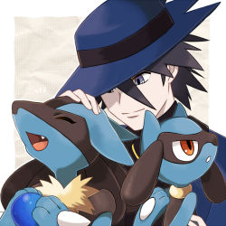 Rule 34 | 3boys, ^ ^, animal ears, beige background, berry (pokemon), black fur, black hair, blue eyes, blue fur, blue headwear, blue jacket, body fur, border, child, closed eyes, closed mouth, creatures (company), evolutionary line, fang, food, furry, furry male, game freak, gen 4 pokemon, hair between eyes, hand on another&#039;s head, hand up, hands up, happy, hat, headpat, highres, holding, holding food, jacket, looking at another, looking down, lucario, male focus, multiple boys, nintendo, notice lines, open mouth, oran berry, outline, parted lips, pokemon, pokemon: lucario and the mystery of mew, pokemon (anime), pokemon (creature), pokemon rse (anime), red eyes, riolu, rorosuke, short hair, simple background, sir aaron, smile, snout, spiked hair, spikes, upper body, white border, white outline, wolf boy, wolf ears, yellow fur