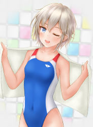 Rule 34 | 1girl, absurdres, anastasia (idolmaster), blue eyes, blue one-piece swimsuit, breasts, ca paria, commentary request, competition swimsuit, cowboy shot, highres, idolmaster, idolmaster cinderella girls, looking at viewer, one-piece swimsuit, one eye closed, open mouth, short hair, silver hair, small breasts, smile, solo, swimsuit, teeth, tile wall, tiles, towel, upper teeth only, white towel