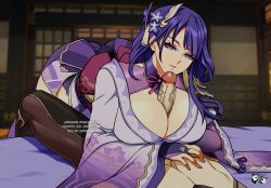 Rule 34 | 1boy, 1girl, aether (genshin impact), armor, blurry, blurry background, breasts, bridal gauntlets, cleavage, commentary, commentary request, english commentary, flower, genshin impact, hair ornament, hetero, jadenkaiba, japanese clothes, kimono, large breasts, long hair, long sleeves, looking at viewer, mitsudomoe (shape), mixed-language commentary, obi, obiage, obijime, open mouth, paizuri, paizuri under clothes, penis, purple eyes, purple flower, purple hair, purple sleeves, raiden shogun, ribbon, sash, shoulder armor, tassel, thighhighs, tomoe (symbol), uncensored, wide sleeves