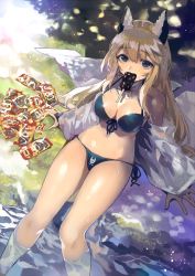 Rule 34 | 1girl, animal ears, arm support, bad id, bad nicoseiga id, bare shoulders, bikini, black eyes, blonde hair, blush, breasts, cleavage, dekappara futoriusu, food, food in mouth, fox ears, front-tie top, ice cream, long hair, looking at viewer, mouth hold, open clothes, original, partially submerged, shiny skin, side-tie bikini bottom, sitting, solo, swimsuit