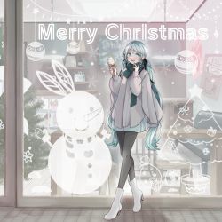 Rule 34 | 1girl, absurdres, blue eyes, blue hair, blush, boots, cafe, christmas, christmas tree, crossed legs, hair ribbon, hatsune miku, high heel boots, high heels, highres, holding food, holding ice cream, ice cream, ice cream cone, long hair, long sleeves, low twintails, merry christmas, nagitofuu, nail polish, open mouth, outdoors, pleated skirt, poncho, ribbon, scarf, skirt, smile, snowman, solo, twintails, very long hair, vocaloid, walking, window, winter