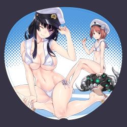 Rule 34 | 2girls, ;), anchor, bare legs, barefoot, bikini, black hair, breasts, brown eyes, brown hair, bursting breasts, cleavage, commentary request, cosplay, crossed legs, enemy naval mine (kancolle), female admiral (kancolle), food, halftone, hat, kantai collection, large breasts, long hair, looking at viewer, matsuryuu, mole, mole under mouth, multiple girls, navel, one eye closed, peaked cap, popsicle, purple eyes, sailor bikini, sailor collar, sandals, short hair, side-tie bikini bottom, sidelocks, sitting, skindentation, small breasts, smile, sweatdrop, swimsuit, white bikini, yokozuwari, z3 max schultz (kancolle), z3 max schultz (kancolle) (cosplay)