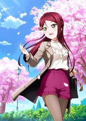 Rule 34 | 1girl, :d, artist name, bad id, bad pixiv id, blue sky, blush, cherry blossoms, cloud, coat, cowboy shot, day, floating hair, grey coat, hair between eyes, ink (pixiv25450915), long hair, love live!, love live! school idol festival, love live! sunshine!!, open clothes, open coat, open mouth, outdoors, pantyhose, red hair, red shorts, sakurauchi riko, shirt, short shorts, shorts, sky, smile, solo, standing, sunlight, white shirt, yellow eyes