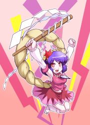 Rule 34 | + +, 1girl, :d, \o/, adapted costume, armpits, arms up, blue hair, detached sleeves, female focus, gohei, hair ornament, hairband, highres, iwatobi hiro, jumping, leaf, navel, open mouth, outstretched arms, rope, sandals, shide, shimenawa, short hair, smile, solo, star-shaped pupils, star (symbol), symbol-shaped pupils, tabi, touhou, yasaka kanako