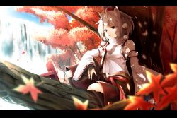 Rule 34 | 1girl, animal ears, bad id, bad pixiv id, detached sleeves, fami (yellow skies), hat, highres, in tree, inubashiri momiji, leaf, letterboxed, maple leaf, red eyes, short hair, sitting, sitting in tree, solo, sword, tail, tokin hat, touhou, tree, tree shade, water, waterfall, weapon, white hair, wolf ears, wolf tail