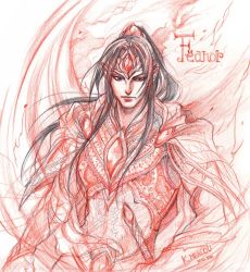 Rule 34 | 1boy, armor, breastplate, character name, circlet, closed mouth, dated, feanor, kazuki-mendou, tolkien&#039;s legendarium, looking at viewer, male focus, monochrome, one-hour drawing challenge, pointy ears, ponytail, red theme, signature, solo, sword, the silmarillion, weapon