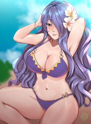 Rule 34 | 1girl, armpits, bikini, blurry, blurry background, breasts, camilla (fire emblem), camilla (summer) (fire emblem), cleavage, fire emblem, fire emblem fates, fire emblem heroes, flower, hair flower, hair ornament, hair over one eye, highres, large breasts, long hair, looking at viewer, navel, nintendo, official alternate costume, parted lips, purple bikini, purple eyes, purple hair, rinku bny, solo, swimsuit