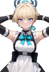 Rule 34 | 1girl, absurdres, apron, armpits, black gloves, blonde hair, blue archive, blue bow, blue bowtie, blue eyes, blue halo, blue ribbon, bluefield, bow, bowtie, closed mouth, elbow gloves, fingerless gloves, gloves, hair ribbon, halo, headset, highres, looking at viewer, maid apron, maid headdress, ribbon, short hair, simple background, solo, toki (blue archive), white background