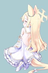 Rule 34 | 1girl, amon (2216290), animal ears, bare back, blonde hair, blue archive, dress, from behind, halo, highres, long hair, looking at viewer, looking back, pink eyes, seia (blue archive), shoes, solo, very long hair, white dress, white footwear, yellow halo