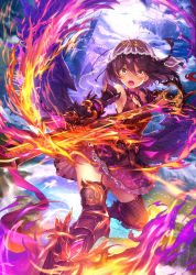 Rule 34 | 1girl, armored boots, black skirt, black thighhighs, blush, boots, breasts, brown eyes, brown hair, cleavage, detached sleeves, fantasy, fire, floating hair, floating island, garter straps, hair between eyes, highres, holding, holding sword, holding weapon, kanipanda, leg up, long hair, miniskirt, open mouth, original, sideboob, skirt, small breasts, solo, sword, thighhighs, weapon