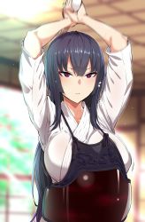 Rule 34 | 1girl, arms up, black hair, blunt bangs, blurry, blush, bougu, breasts, depth of field, hair ribbon, highres, hiiragi yuuichi, kendo, large breasts, looking at viewer, motion blur, original, parted lips, purple eyes, ribbon, shinai, sidelocks, solo, sweat, sword, tress ribbon, upper body, weapon, wet, wet clothes, white ribbon