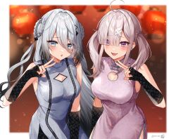 Rule 34 | ahoge, braid, breasts, china dress, chinese clothes, dress, eyes visible through hair, grey eyes, grey hair, hair between eyes, hair ornament, hair over one eye, highres, large breasts, long hair, long hair between eyes, looking at viewer, mole, mole under eye, mole under mouth, multicolored hair, multiple girls, multiple moles, nijisanji, open mouth, paruo orh, purple eyes, side braids, smile, sophia valentine, sukoya kana, triangle hair ornament, twintails, virtual youtuber, x, x hair ornament