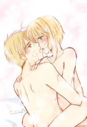Rule 34 | 1boy, 1girl, aged up, blonde hair, blush, brown eyes, cardcaptor sakura, collarbone, completely nude, eye contact, girl on top, green eyes, half-closed eyes, hands on another&#039;s shoulders, hetero, imminent kiss, implied sex, kanaoto neiro, kinomoto sakura, li xiaolang, light brown hair, looking at another, navel, nude, open mouth, saliva, saliva trail, sex, short hair, short hair with long locks, sidelocks, sketch, straddling, upright straddle