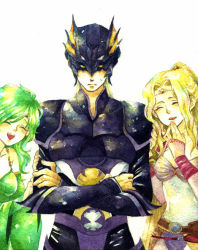 Rule 34 | 1990s (style), 1boy, 2girls, :d, ^ ^, armor, belt, blonde hair, blush, bodysuit, breasts, buckle, cain highwind, closed eyes, crossed arms, detached sleeves, expressionless, final fantasy, final fantasy iv, forehead jewel, green hair, helmet, jewelry, laughing, long hair, long sleeves, looking at viewer, multiple girls, open mouth, retro artstyle, rosa farrell, rydia (ff4), shoulder pads, smile, sweatdrop, wavy hair