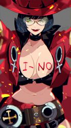 Rule 34 | 1girl, black hair, breasts, choker, cleavage, green eyes, guilty gear, hat, highres, i-no, jacket, nato (gu-cci), red jacket, red lips, short hair, sunglasses, venus symbol, witch hat