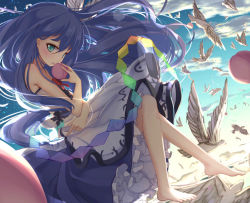 Rule 34 | 1girl, bare arms, bare legs, bare shoulders, barefoot, bird, blue skirt, blue sky, camisole, cloud, commentary request, day, floating, floating hair, food, fruit, full body, hinanawi tenshi, knees up, lens flare, long hair, looking at viewer, namatyaba, no headwear, no headwear, peach, skirt, sky, solo, touhou, very long hair