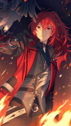 Rule 34 | 1boy, absurdres, bird, black gloves, bshi edayo, coat, diluc (genshin impact), diluc (red dead of night) (genshin impact), fire, genshin impact, gloves, hair between eyes, highres, jacket, long hair, long sleeves, male focus, official alternate costume, owl, ponytail, red eyes, red hair, red jacket, solo, vest