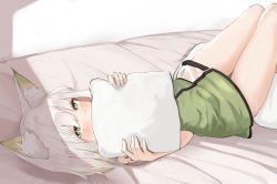 Rule 34 | 1girl, animal ear fluff, animal ears, arknights, bare arms, bare shoulders, bed, blush, dress, green dress, green eyes, highres, holding, holding pillow, kal&#039;tsit (arknights), kashiyarrm, looking at viewer, lying, material growth, on back, oripathy lesion (arknights), pillow, short dress, short hair, silver hair, solo, thighs, watch, white background, wristwatch