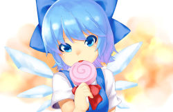 Rule 34 | 1girl, blue dress, blue eyes, blue hair, bow, candy, cirno, dress, food, hair ribbon, head tilt, highres, lollipop, looking at viewer, matching hair/eyes, multicolored background, ribbon, sankyaku tako, short hair, short sleeves, solo, star (symbol), tongue, touhou, two-tone background, upper body, white background, wings