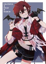 Rule 34 | 1boy, ahoge, bat wings, black choker, black gloves, black shorts, border, cape, choker, claw pose, english text, fangs, gloves, grin, hair between eyes, hair ornament, hairpin, halloween, highres, holostars, holostars english, looking at viewer, machina x flayon, male focus, navel, open clothes, open shirt, outline, outside border, purple background, red hair, red nails, short hair, shorts, smile, solo, standing, torn cape, torn clothes, upper body, utatane660, virtual youtuber, white border, white outline, wings
