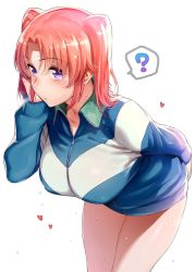 Rule 34 | 1girl, :o, ?, arm behind back, bad id, bad twitter id, blue jacket, blush, breasts, breath, collarbone, collared jacket, colored skin, commentary request, covered erect nipples, hair between eyes, tucking hair, hand in own hair, hand up, heart, highres, ikuchan kaoru, jacket, large breasts, leaning forward, legs together, long sleeves, looking at viewer, medium hair, mikakunin de shinkoukei, multicolored skin, no pants, orange hair, parted bangs, parted lips, purple eyes, sidelocks, simple background, solo, sparkle, spoken question mark, standing, sweat, track jacket, two side up, water drop, white background, wing collar, yonomori kobeni, zipper, zipper pull tab