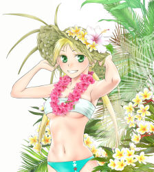 Rule 34 | 1girl, armpits, bandeau, bikini, blonde hair, breasts, flower, flower necklace, freckles, fuyutsuku (fuyutsuk), green eyes, grin, hands on headwear, hat, hat flower, hibiscus, jewelry, lei, long hair, looking at viewer, low twintails, medium breasts, navel, necklace, original, smile, solo, straw hat, swimsuit, twintails