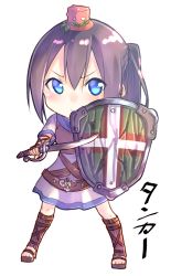 Rule 34 | 1girl, alternate costume, armor, blue eyes, blush, boots, chibi, commentary request, dress, fighting stance, fingerless gloves, full body, gloves, hair between eyes, hat, highres, holding, holding sword, holding weapon, looking at viewer, mini hat, one side up, original, purple hair, sandals, scimitar, shield, short dress, short hair, short sleeves, simple background, solo, standing, suzunari shizuku, sword, tower of saviors, v-shaped eyebrows, weapon, white background, yuki arare