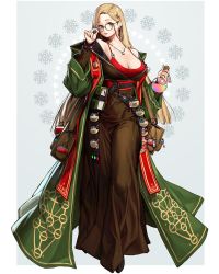 Rule 34 | 1girl, blonde hair, breasts, brown skirt, cleavage, coat, earrings, flask, full body, glasses, glint, green coat, green eyes, hair ornament, hand up, highres, jewelry, long hair, long skirt, long sleeves, looking at viewer, medium breasts, necklace, off shoulder, original, parted lips, print coat, red shirt, rinotuna, shirt, skirt, smile, solo, standing, star (symbol), star earrings, star hair ornament, sefirot
